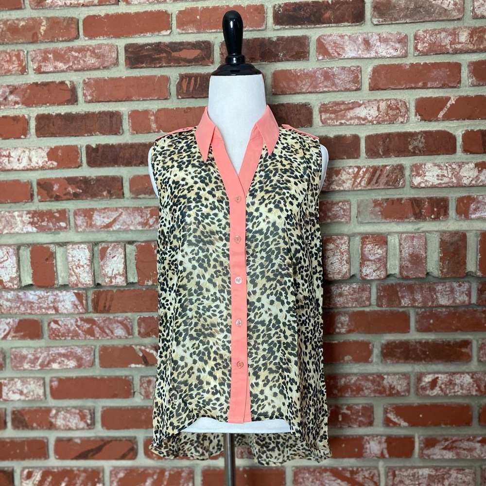 Coral Leopard Blouse with Lace Tie Back